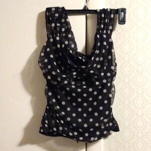BCBG Max Azria black and white polka dot gathered halter top off the shoulder